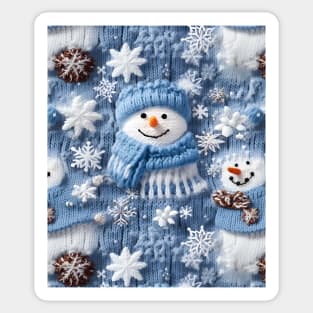 Funny Snowmen Retro Chrismas Snowflakes Blue Knitted Pattern Sticker